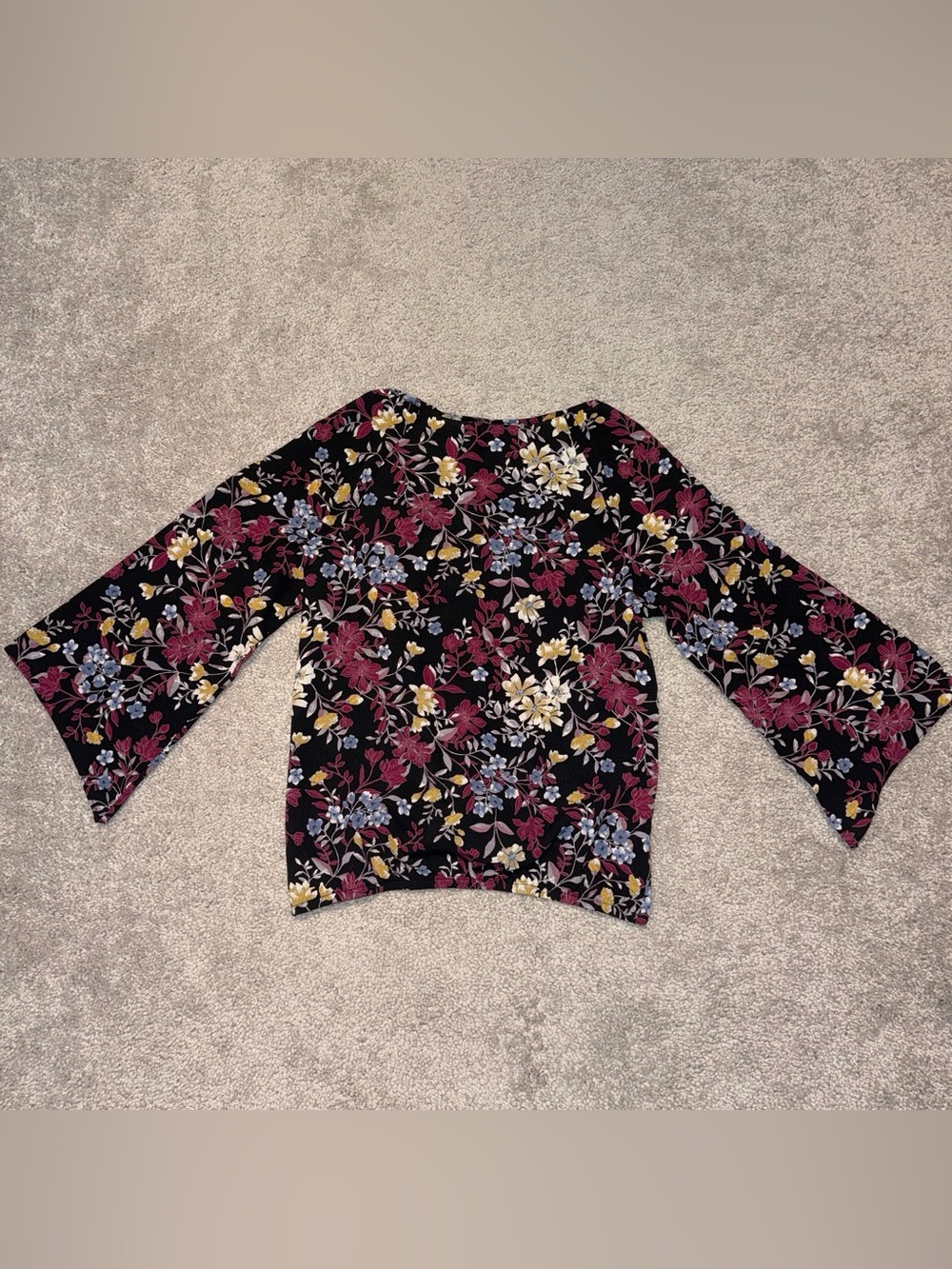 A. Byer Black Floral Bell-Sleeve Top with Berry & Blue Accents